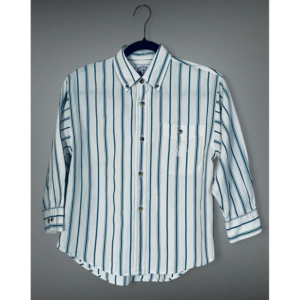 Vintage 90s Dockers Levi’s Blue White Striped Button Shirt Boys Sz 8-10 Preppy